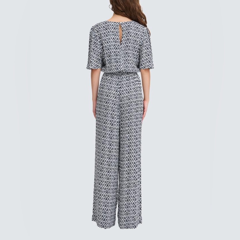 ICHI Women's Navy and White Patterned Jumpsuit with tie waist size S NWT - Picture 3 of 11